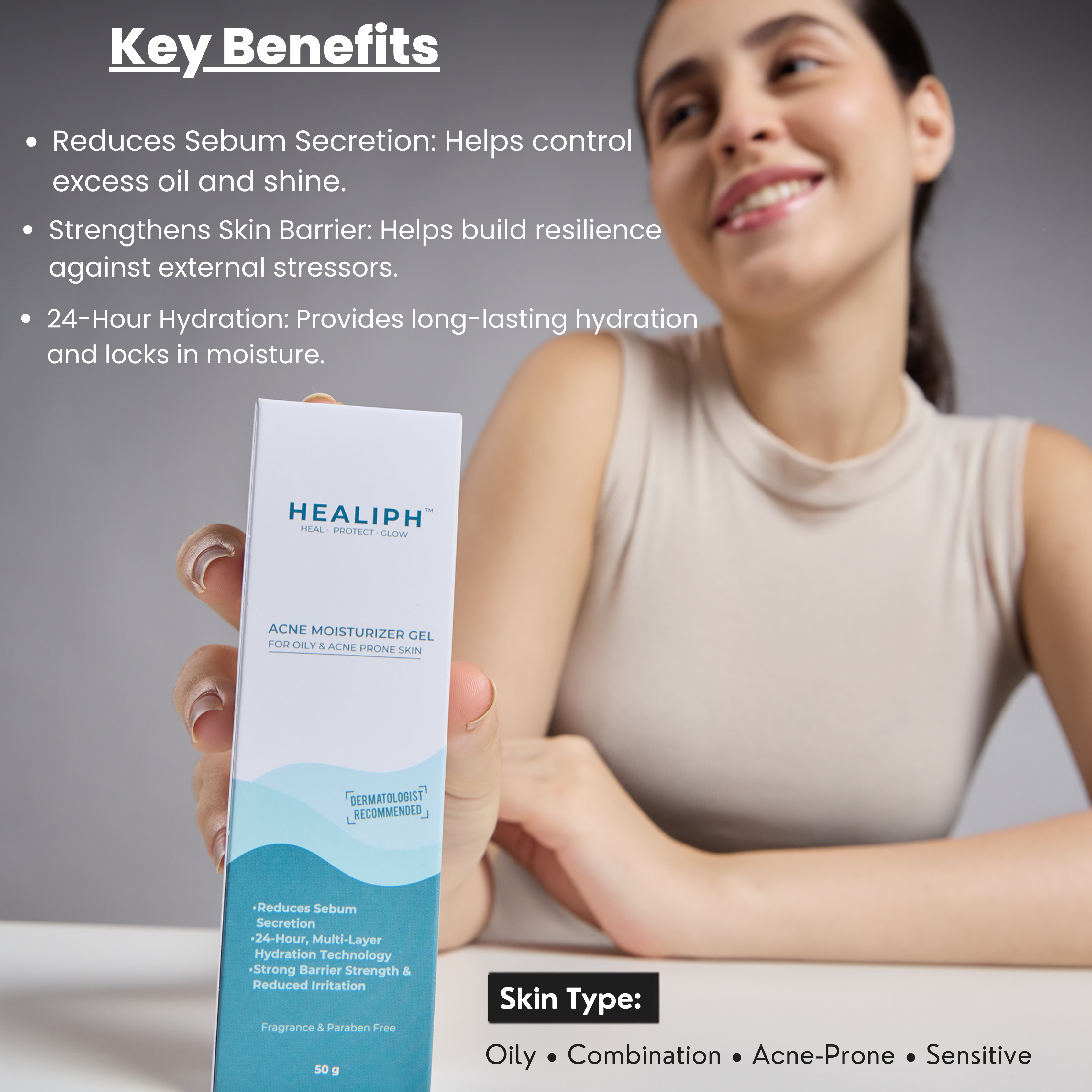 Acne moisturizer gel, for oily, sensitive and combination skin