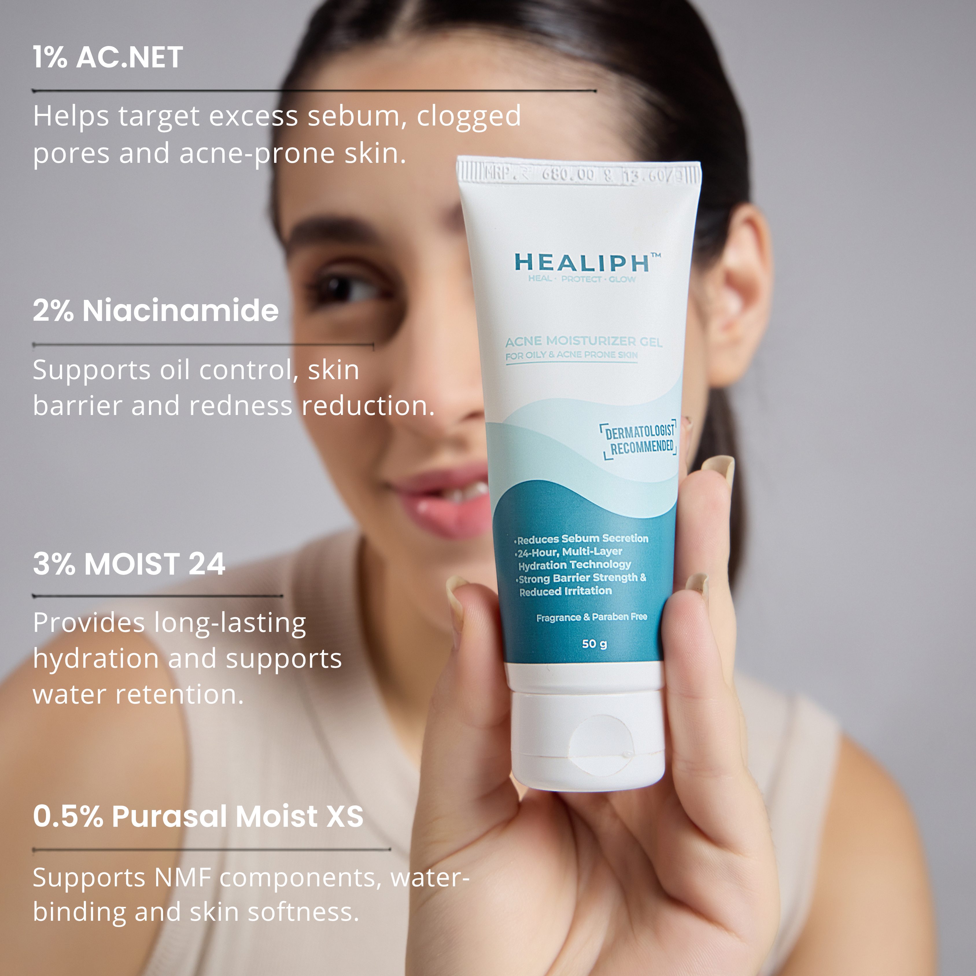 Acne moisturizer gel, for oily, sensitive and combination skin